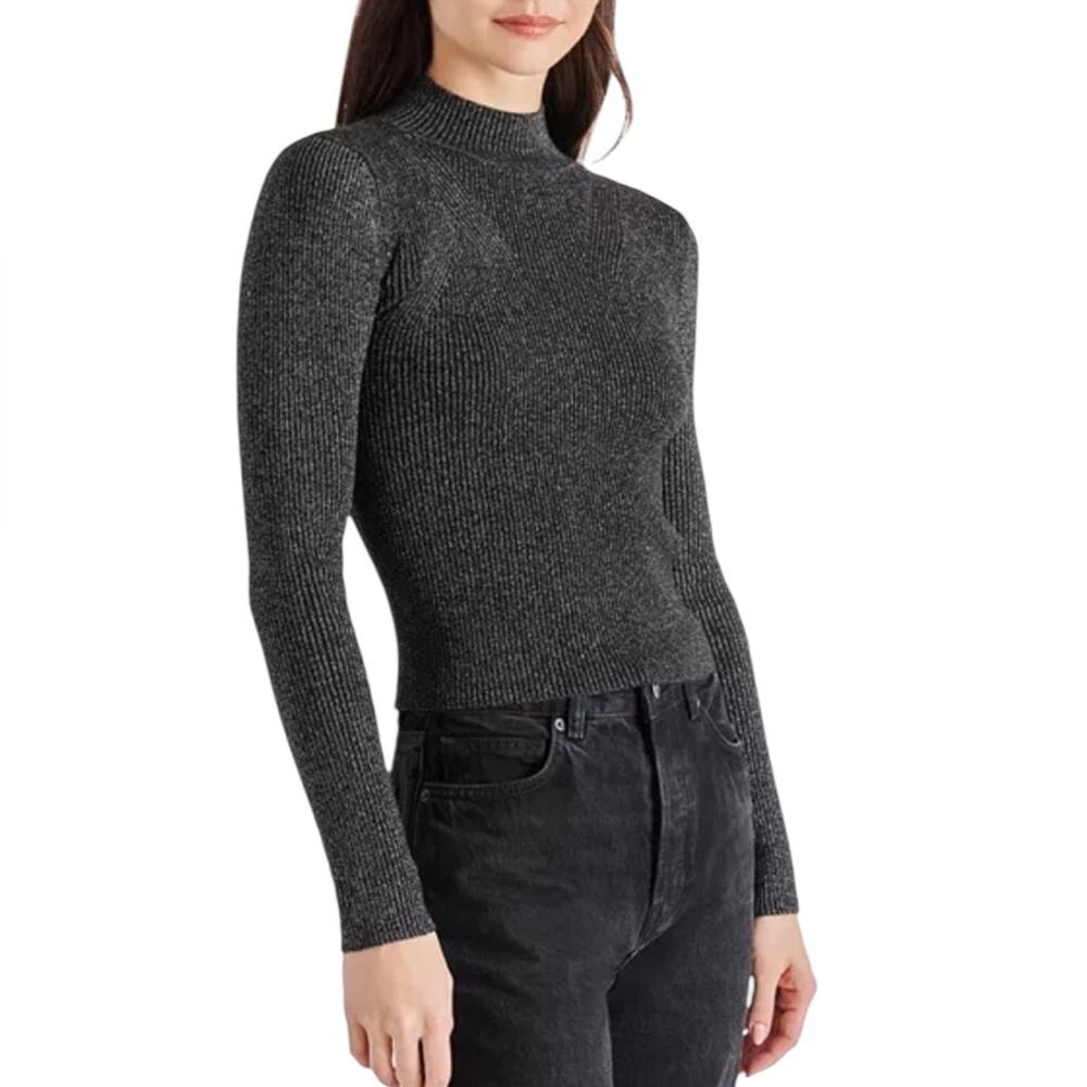 NWOT Steve Madden Serita Metallic Gray Rib Mock Neck Sweater – Sz Med - Picture 3 of 11